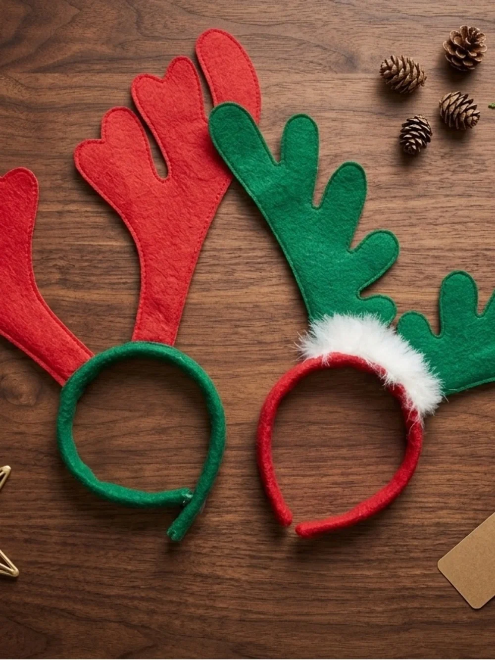 2-Pack Christmas Reindeer Antler Headbands - Red & Green Felt Holiday Hair